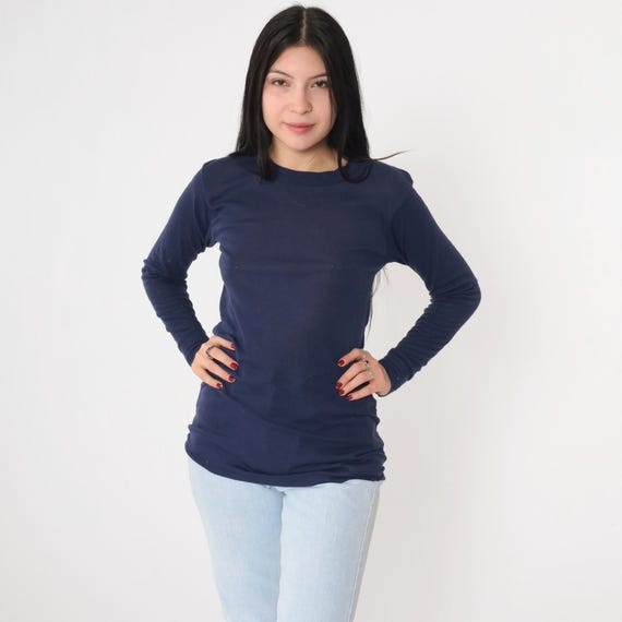 Vintage Thermal Shirt Navy Blue Undershirt Long Sleeve Shirt Plain Shirt 80s T Shirt Retro Tee Vintage Tshirt 1980s Basic Small Medium