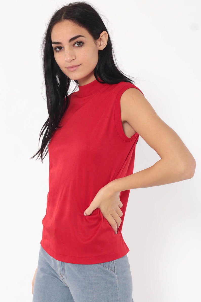 Red Tank Top 70s Sleeveless Shirt Retro High Neck Tank Top Mod Boho Blouse Vintage Plain Simple Polyester 1970s Small