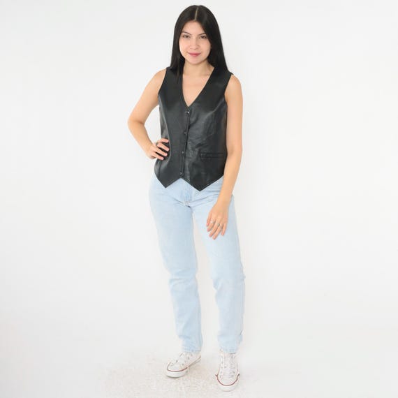 90s Black Leather Vest Biker Snap Button Up Vest Top Rocker Sleeveless Festival Punk Shirt V Neck Vintage 1990s Extra Small xs