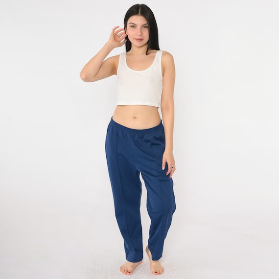 Vintage Navy Blue Pants 80s High Rise Straight Leg Elastic Waist Pull On Trousers Lounge Pants 1980s Casual Loungewear Slacks Medium M