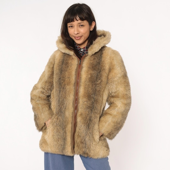 70s Hooded Faux Fur Coat Tan Beige Jacket Zip Front Vinyl Trim Vintage Plush Winter Hippie Disco Glam Soft Warm Camel Brown Neutral Medium M