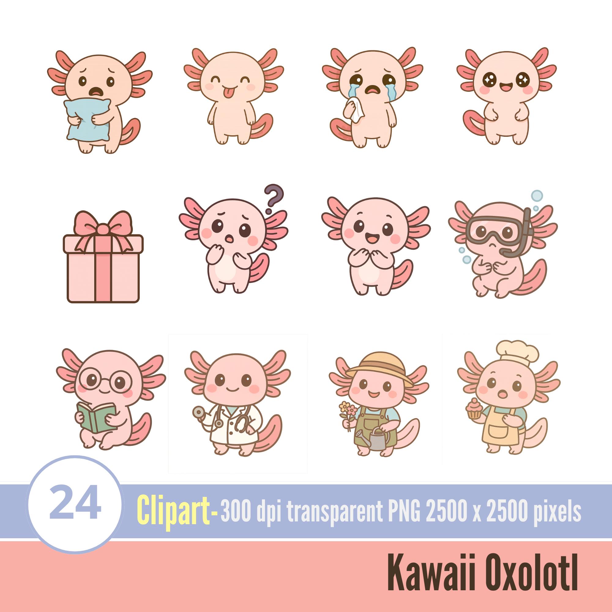 Kawaii Axolotl Clipart Bundle – Cute Axolotls in Professions & Emotions – Birthday PNG Stickers for Sublimation, Scrapbook Crafts