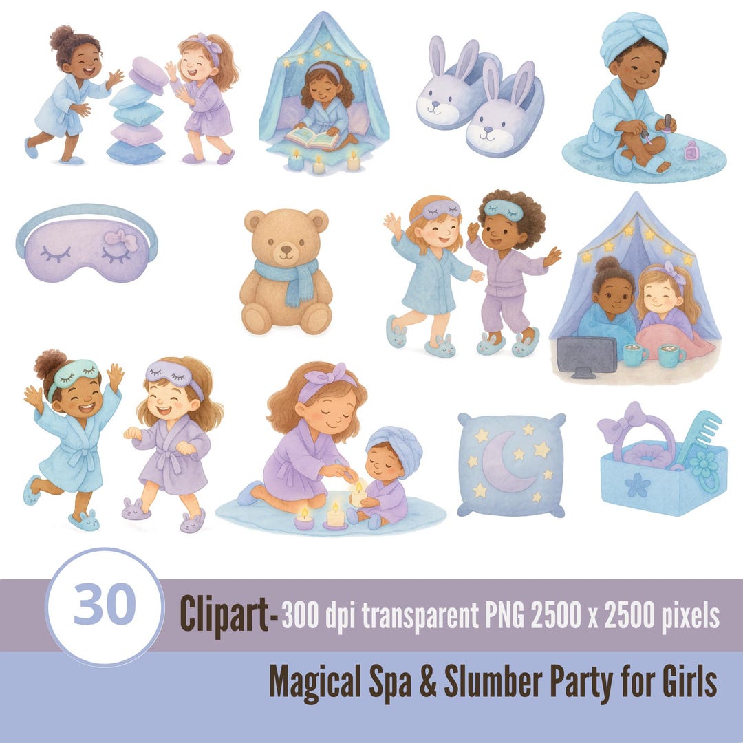 Spa and Slumber Party Clipart Set for Girls – Cute Watercolor Sleepover ...