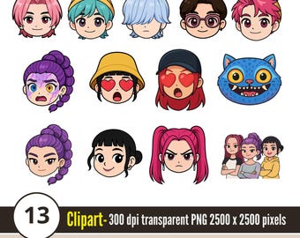 Kpop Demon Hunters saja boys kawaii 13 Pack | Cute Chibi Pack - 13 pieces, Instant Download PNG