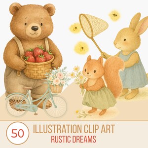 Clipart di animali della foresta in formato PNG - Creature del bosco ad acquerello e oggetti vintage - Cottagecore