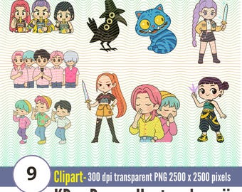 Kpop Demon Hunters 9 Pack | Cute kawaii Chibi Pack , Instant Download PNG