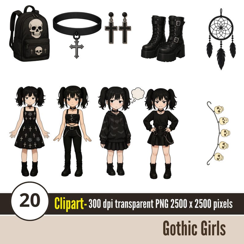 Goth Girl Clipart PNG | Dark Aesthetic Cute Emo Stickers | Kawaii Goth ...
