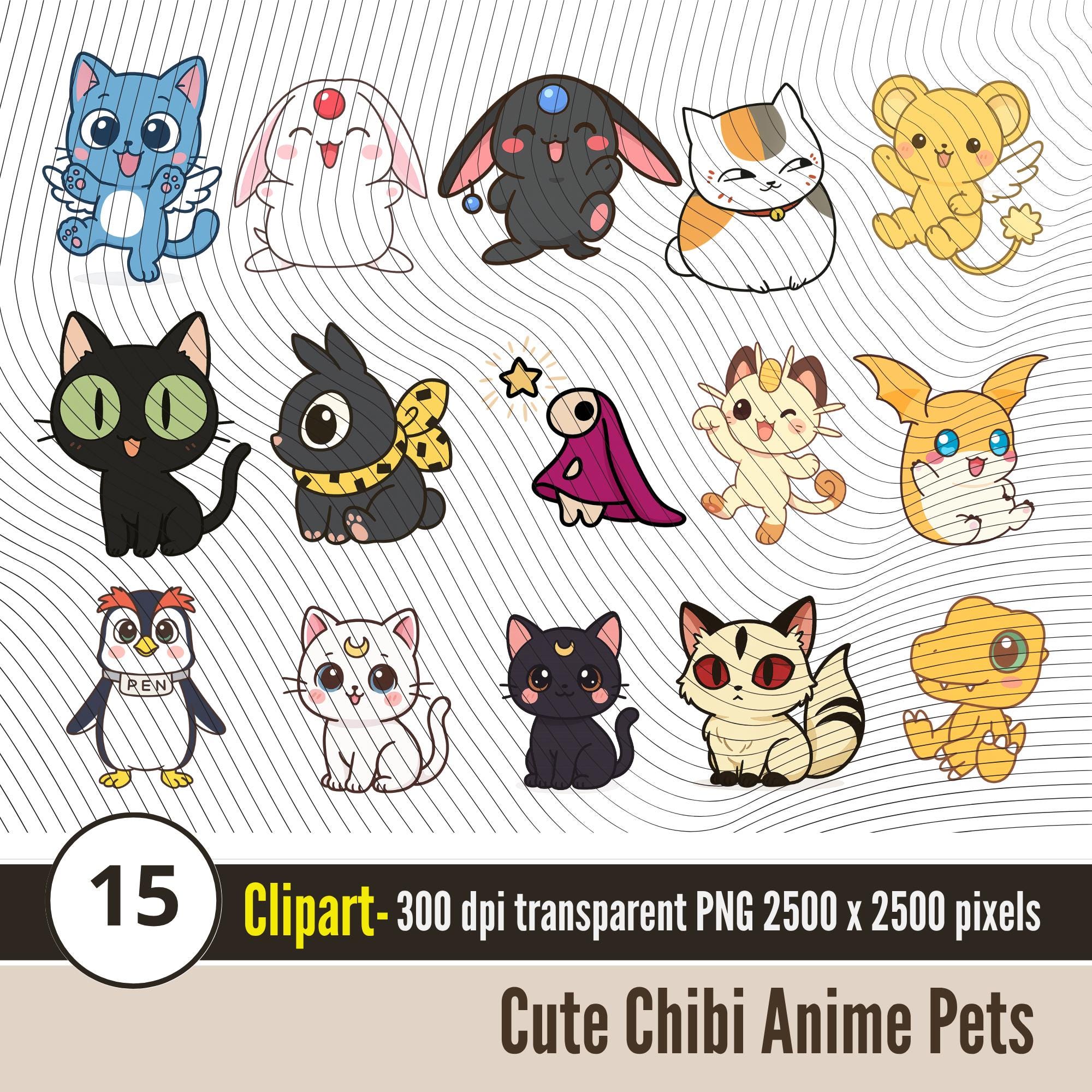 Set de clipart de mascotas chibi anime (15 PNG) | Personajes de anime kawaii | Descarga digital con fondo transparente