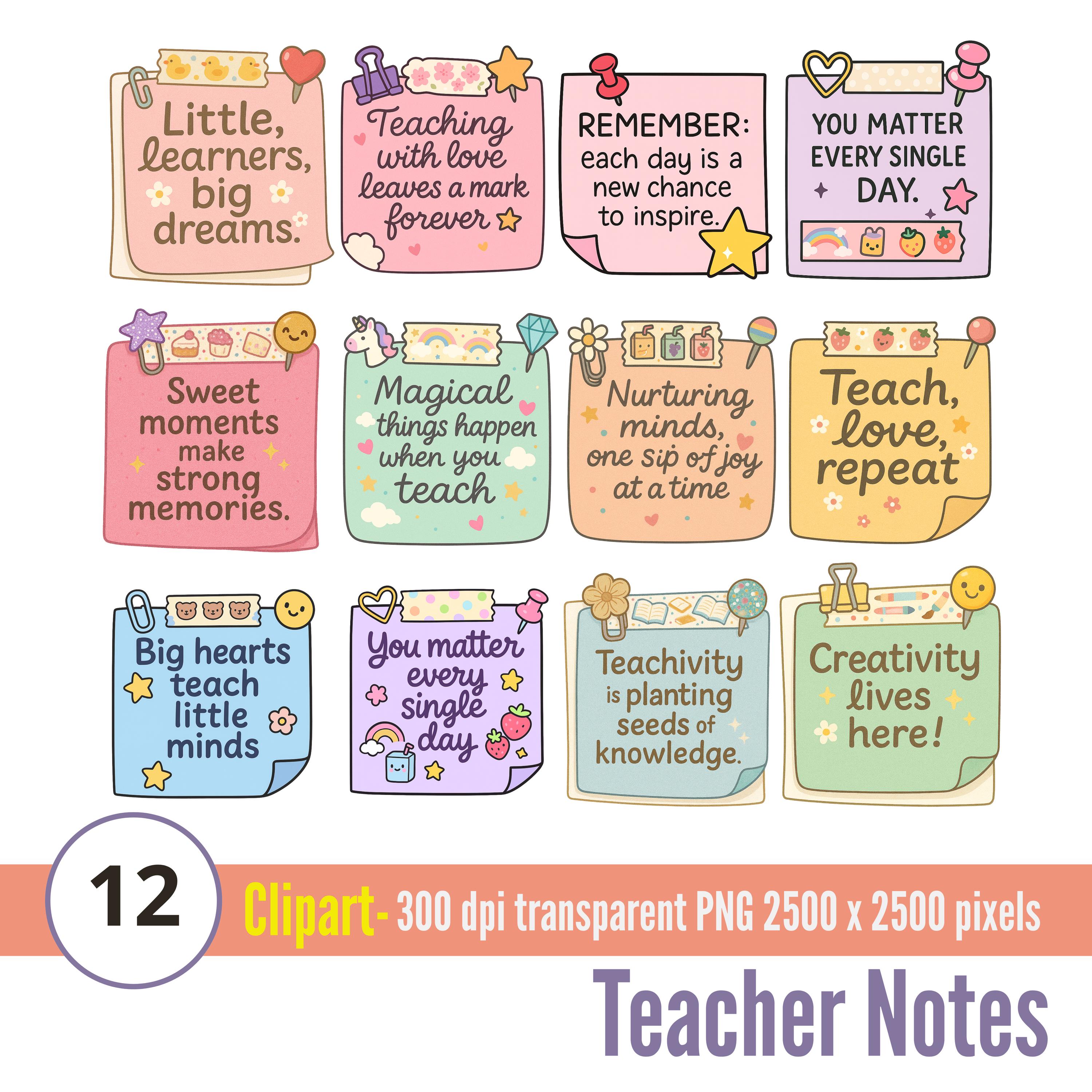 Kawaii Teacher Notes – Motivational Sticky Note Clipart Bundle for Classroom Decor & Stickers
