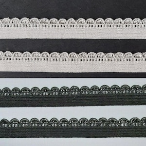Pu&ograve; includere: Due file di bordino elastico bianco con bordi a festoni e due file di bordino elastico nero con bordi a festoni.