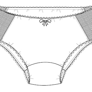Peut inclure: Dessin au trait noir et blanc de sous-vêtements avec une bordure en dentelle et un détail de nœud.