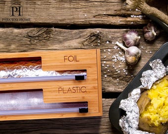 Wide Bamboo Wrap Dispenser: 2 Roll Organizer with Cutter