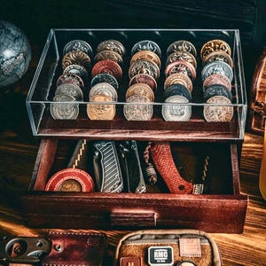 Large Wooden Challenge Coin Display Case with Clear Cover