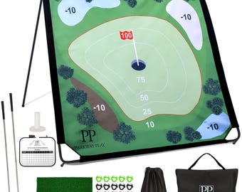 Sticky Golf Chipping Game Set - 6x6 ft Metal Frame with Adjustable Clubs, 25 Sticky Balls, Turf Chipping Mat & Scoreboard - Backyard Golf