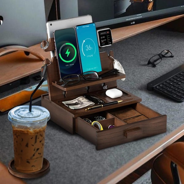 Wood Phone Docking Station with Drawer: Charging Stand & Organizer