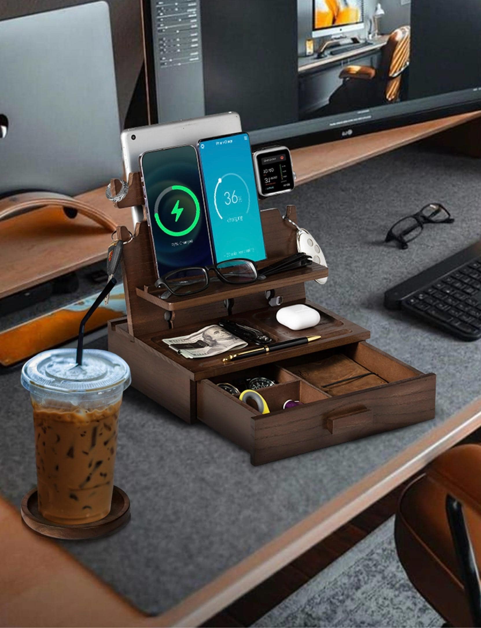 Wood Phone Docking Station & Organizer With Drawer | Charging Stand for Desk, Nightstand | Perfect Gift for Him or Her, Christmas Presents