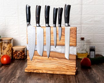 Magnetic Knife Block Stand - Italian Olive Wood Kitchen Knife Holder Rack with Resin Flow Design - Double Sided Strong Magnet Knife Block