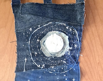 Hand Embroidered Textile Wall Hanging: Moon and Stars, "So Too, Hope"