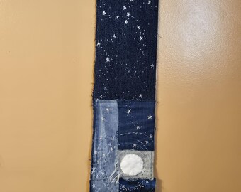 Hand Embroidered Textile Wall Hanging: Moon and Stars,"They Shine For You"