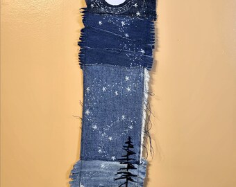 Hand Embroidered Textile Wall Hanging: Moon and Stars,  "Make Magic"