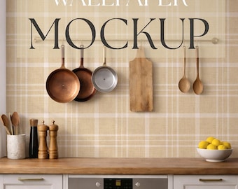 Nordic Country Kitchen Wallpaper Mockup PSD, Cozy Neutral Kitchen Interior, Smart Object Wall, Rustic Kitchen Scene, Cottagecore kitchen