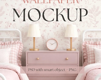 Cottagecore Twin Bedroom Wallpaper Mockup PSD, Kids Room Interior, Smart Object Wall, Cozy Pink Bedroom Scene, Blank Wall Mockup