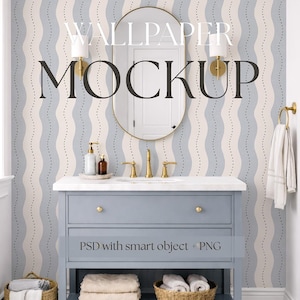 May include: Bathroom mockup featuring a blue vanity with gold fixtures, a round mirror, and a wavy patterned wallpaper. The text "WALLPAPER MOCKUP" is displayed prominently. The floor has a black and white diamond pattern.