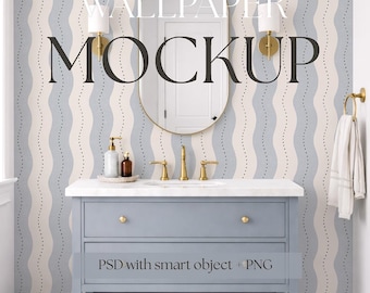 Nordic Bathroom Wallpaper Mockup PSD, Neutral Home Interior, Smart Object Wall, Classic Bathroom Scene, Pattern Mockup