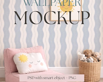 Scandinavian Nursery Wallpaper Mockup PSD, Kids Room Interior, Smart Object Wall, Cozy Nordic Playroom Scene