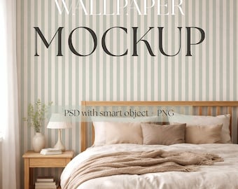 Scandinavian Bedroom Wallpaper Mockup PSD, Cozy Nordic Interior, Smart Object Wall, Neutral Country Home Bedroom Scene