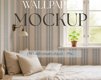 Scandinavian Bedroom Wallpaper Mockup PSD, Country House Room Mockup, Smart Object Wall, Cozy Nordic Interior, Linen Bedding Scene