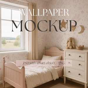 May include: A bedroom mockup featuring a pink bed, white dresser, and patterned wallpaper. The scene includes a window, rug, and decorative elements like a star and moon. Text on the wall says "WALLPAPER MOCKUP".