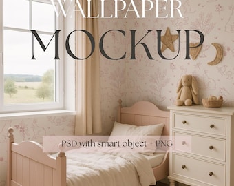 Mockup meisjeskamerbehang - Realistisch kinderkamermodel voor behangpatroon - Photoshop PSD-mockup met slim object - meisjesslaapkamer