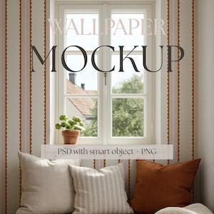 May include: A cozy interior scene featuring a window with the text "WALLPAPER MOCKUP". Below the window are three pillows and a blanket. The scene includes a small potted plant and striped wallpaper.
