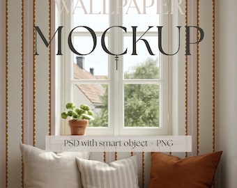 Scandinavian Window Seat Wallpaper Mockup PSD, Cozy Nordic Interior, Smart Object Wall, Natural Light Country Home Scene, Empty Wall Mockup