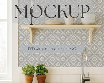 Country Kitchen Mockup - Photoshop PSD Interior Mockup with Blank Wall and editable Smart Object - Scandinavian Kitchen Wallpaper Mockup
