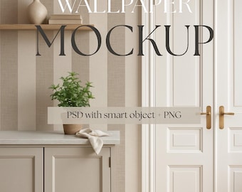 Scandinavian Wall Mockup PSD with Double Doors, Neutral Entryway or Kitchen Interior, Smart Object Wall, Cozy Nordic Home Scene