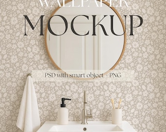 Scandinavian Bathroom Wallpaper Mockup PSD, Editable Vanity & Decor, Wall Smart Object, Cozy Nordic Interior Mockup for Wallpaper Designers