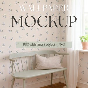 May include: A light green bench with a beige pillow sits in front of a wall with a cherry blossom pattern. The words "WALLPAPER MOCKUP" are displayed in large, dark letters. The text "PSD with smart object + PNG" is also visible.