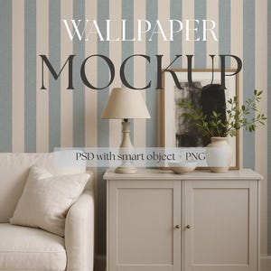 May include: A mockup of a living room with a light gray cabinet, a beige lamp, and a framed abstract art piece. The background features a striped wallpaper in light blue and beige. The text "WALLPAPER MOCKUP" is displayed.