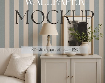 Scandinavian Living Room Wallpaper Mockup PSD, Cozy Nordic Interior, Smart Object Wall, Neutral Home Mockup with Sofa and Cabinet