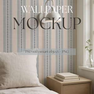 May include: A bedroom mockup featuring a bed with beige linens, a wooden nightstand with books, and a wall with striped wallpaper. A white wall lamp is mounted on the wall. The text "WALLPAPER MOCKUP" is displayed.