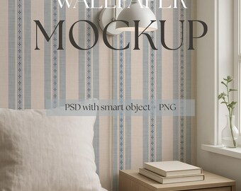 Scandinavian Bedroom Wallpaper Mockup PSD, Minimal Nordic Interior, Smart Object Wall, Cozy Bedside Scene with Natural Light