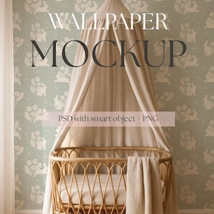 May include: A nursery mockup featuring a light brown wicker crib with a canopy and a matching blanket. The crib is set against a light green wallpaper with a repeating pattern of rabbits and flowers. The text "WALLPAPER MOCKUP" is displayed.