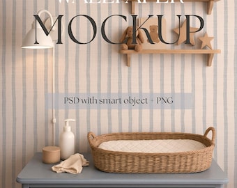 Nursery Changing Table Wallpaper Mockup PSD, Scandinavian Baby Room, Smart Object Wall, Cozy Nordic Interior, Editable Dresser Colors
