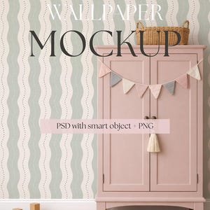 Knus kinderkamerbehangmodel PSD, kinderkamerinterieur, Smart Object-muur, vintage kledingkast, zachte pastelkleuren, mockup meisjeskamer, kinderkamerinterieur