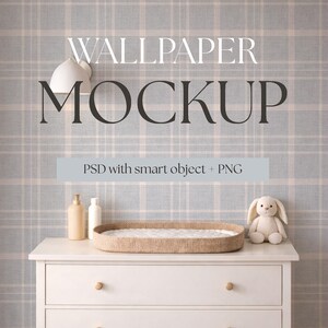 May include: A white chest of drawers with three drawers, wooden knobs, and the text "little forest DIGITAL". A woven changing basket, two bottles, and a stuffed bunny sit on top. The background is a plaid wallpaper. Text on the wall says "WALLPAPER MOCKUP".