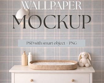 Scandinavian Nursery Wallpaper Mockup PSD, Baby Changing Table Interior, PSD Smart Object Wall, Neutral Kids Room Scene