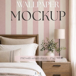 May include: A bedroom scene featuring a bed with white bedding and a striped pink and white wallpaper. A wooden nightstand holds a lamp, vase with greenery, and books. The text "WALLPAPER MOCKUP" is displayed.