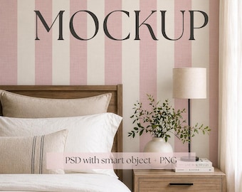 Bedroom Wallpaper Mockup PSD, Soft Feminine Interior, Editable Smart Object Wall, Surface pattern mockup cottage bedroom